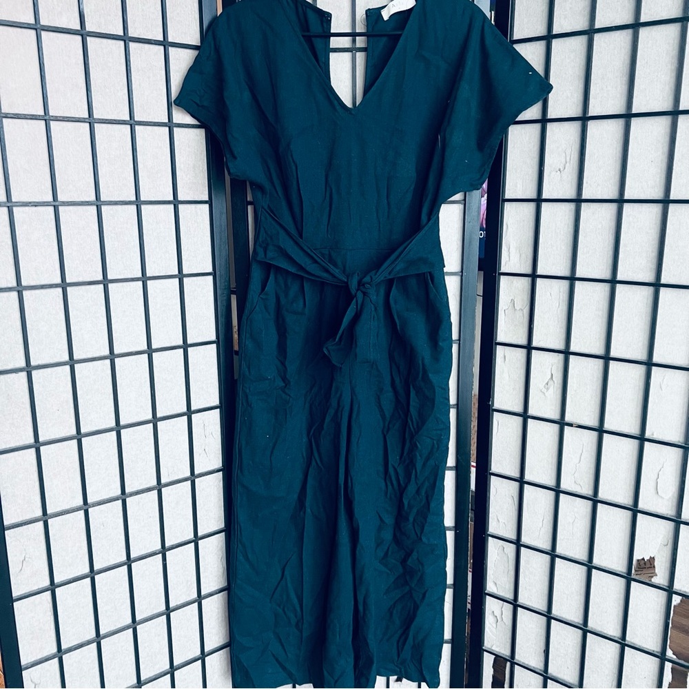 Azoe navy blue linen v neck jumpsuit sz M
